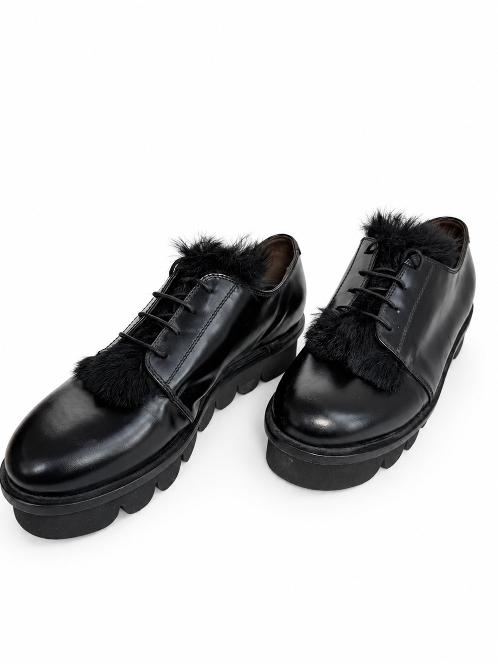 Attilio Giusti Leombruni Black Leather Rabbit Fur-Trim Lug Sole Oxfords